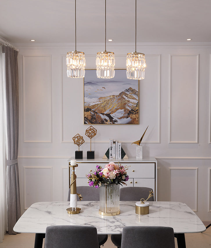 3-Lights K9 Crystal Drops Shade Island Light Brass Contemporary Style Kitchen Bar Hanging Lamp in Gold