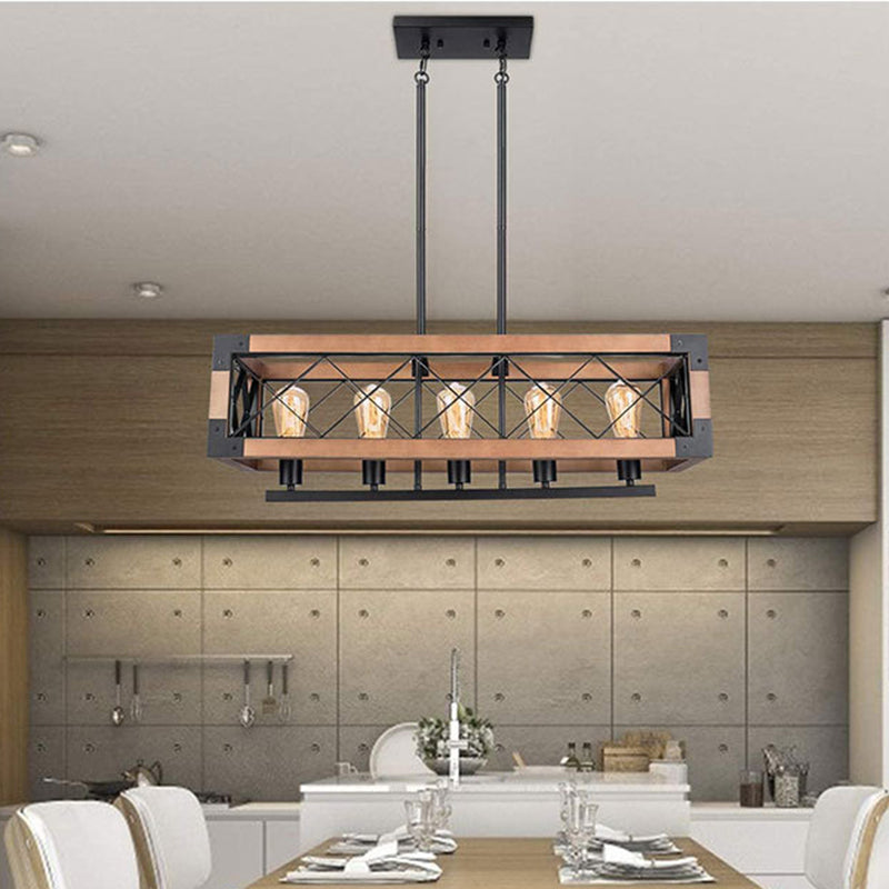 Bois + Iron Cage 5 Light Island Light Industrial Style Hanging Lighting Forment pour Restaurant Cafe Shop