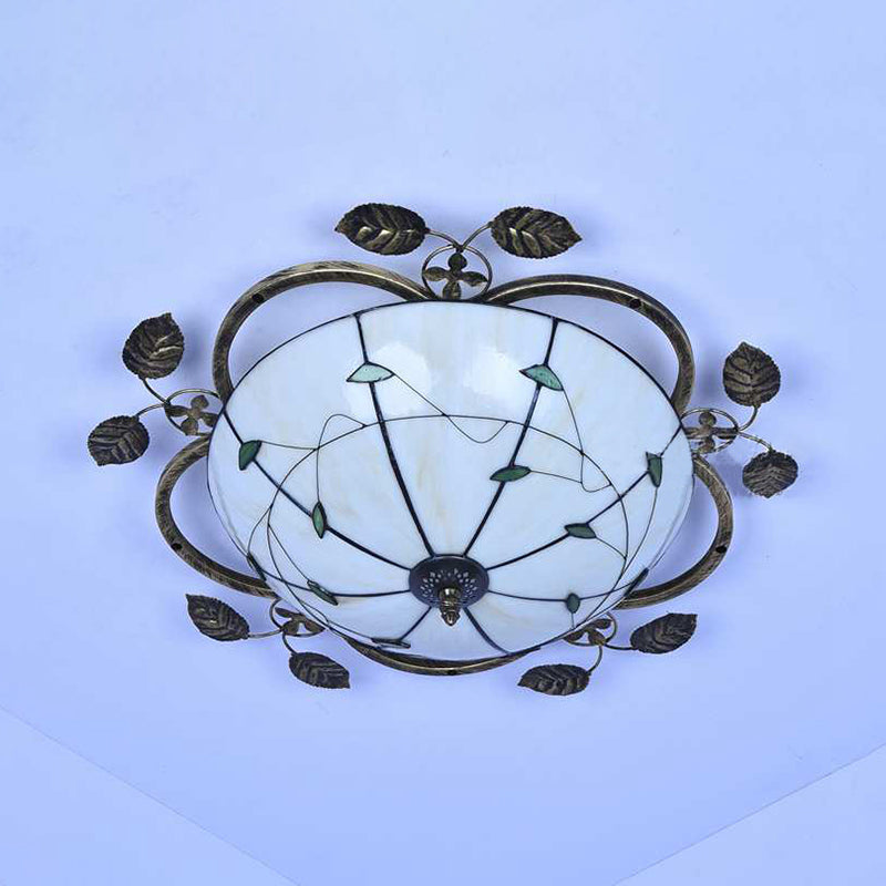 Bowl Flushmount Light Tiffany Stained Glass 3 Bulbs Flush Mount Ceiling Fixture with Leaf Decoration in White/Blue/Green-White/Blue-Green