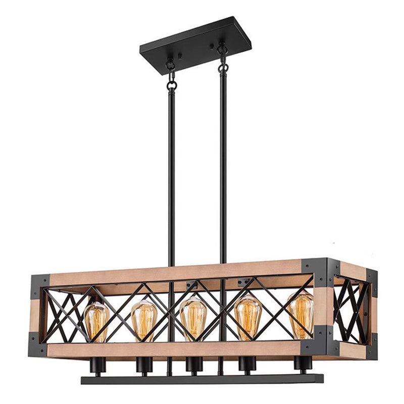 Wood + Iron Cage 5 Light Island Light Industrial Style Hanging Lighting Fixture for Restaurant Cafe Shop