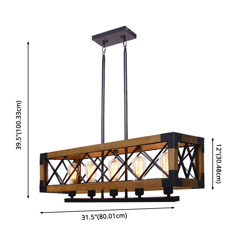 Bois + Iron Cage 5 Light Island Light Industrial Style Hanging Lighting Forment pour Restaurant Cafe Shop