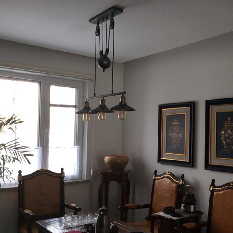 Liftable Industrial Retro Island Light with Black Metal Saucer Shade Cafe Shop Suspended Lighting Fixture