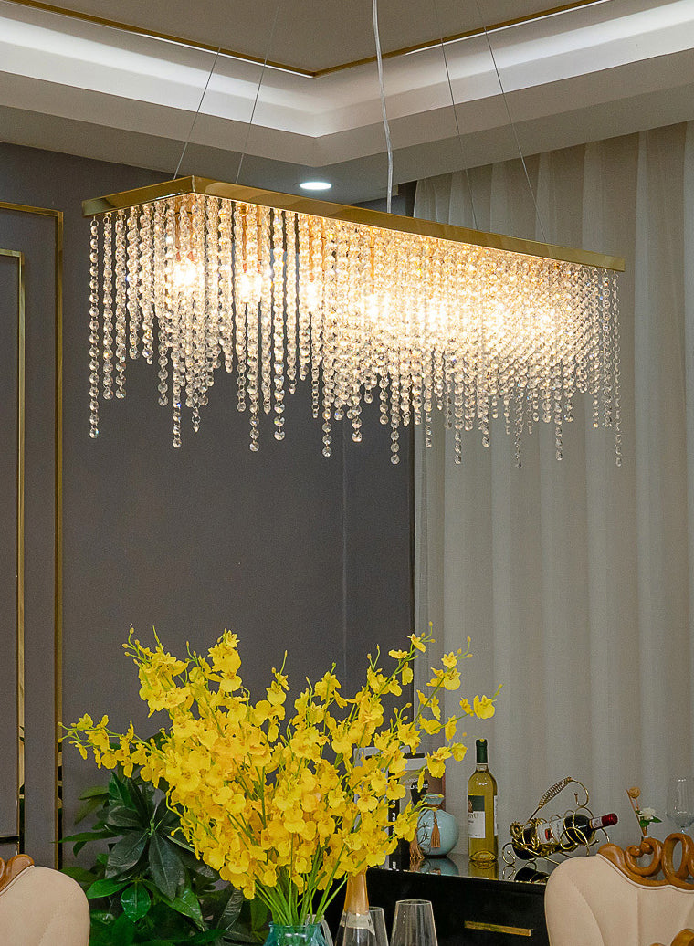 Rectangle Crystal Tassel Island Light Contemporary Style Lighting Fixture in Gold for Dining Room