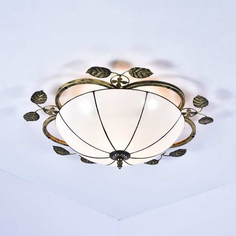 Bowl Flushmount Light Tiffany Stained Glass 3 Bulbs Flush Mount Ceiling Fixture with Leaf Decoration in White/Blue/Green-White/Blue-Green