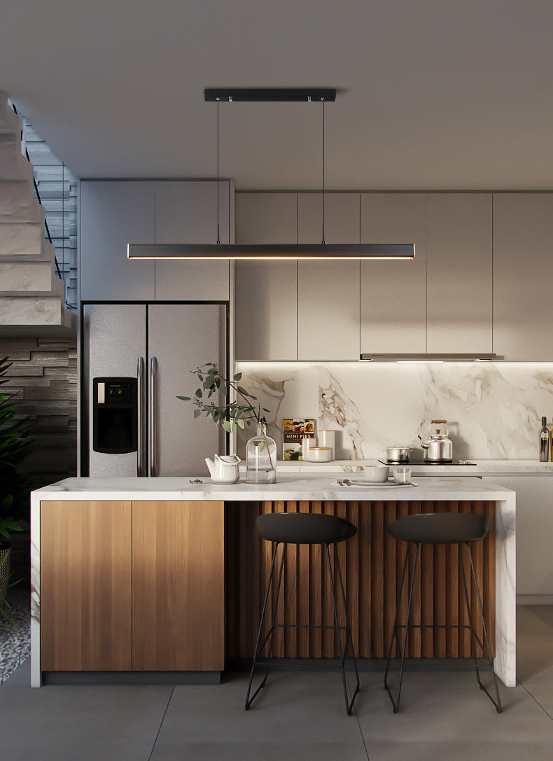 Legno di gomma + ferro moderno minimalismo dell'isola a led luce 59 "altezza regolabile cucina lunga cucina sospesa in nero