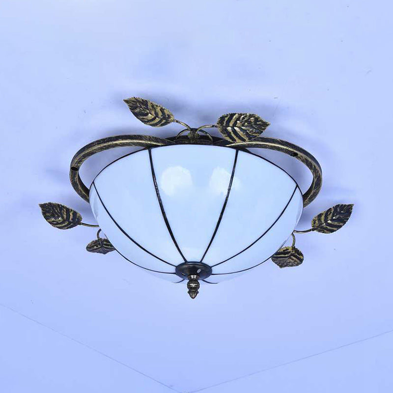 Bowl Flushmount Light Tiffany Stained Glass 3 Bulbs Flush Mount Ceiling Fixture with Leaf Decoration in White/Blue/Green-White/Blue-Green