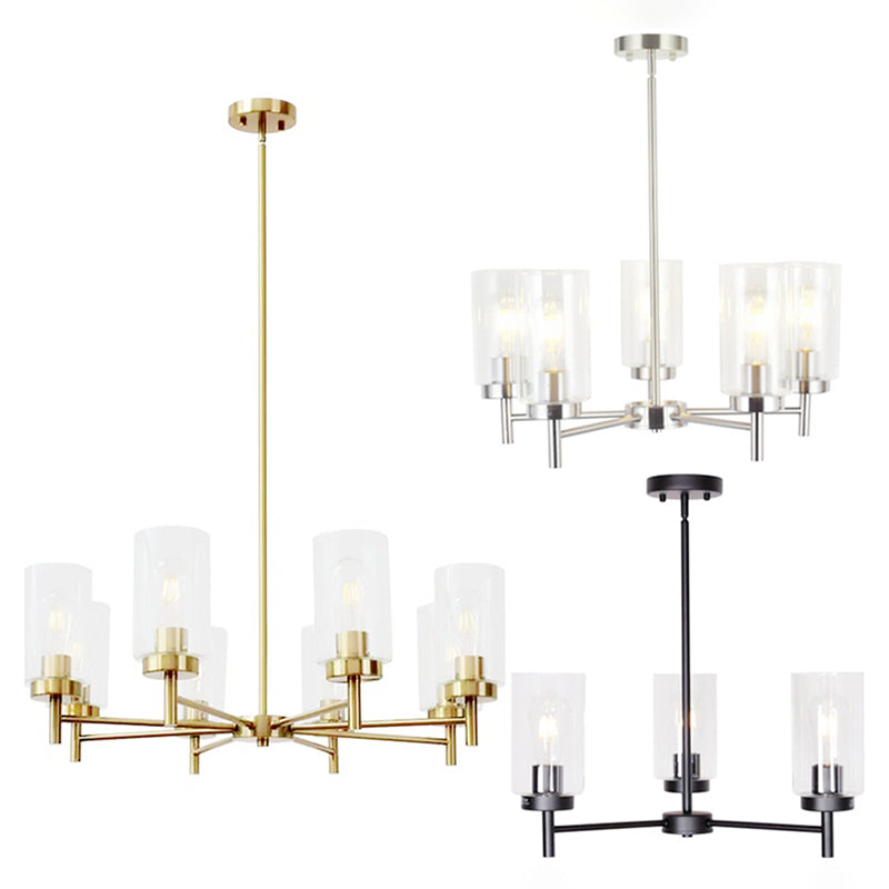 Transparent Glass Cylindrical Shade Chandelier Light Industrial Style Multi Light Ceiling Lighting Fixture for Living Room