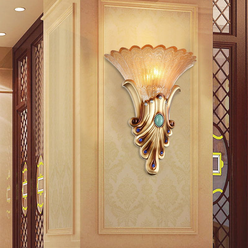 10 "/ 13" de large Gol à 1 Light Flush Colonialisme Colonial Grosted Verre Évasé mural luminaire pour chambre à coucher