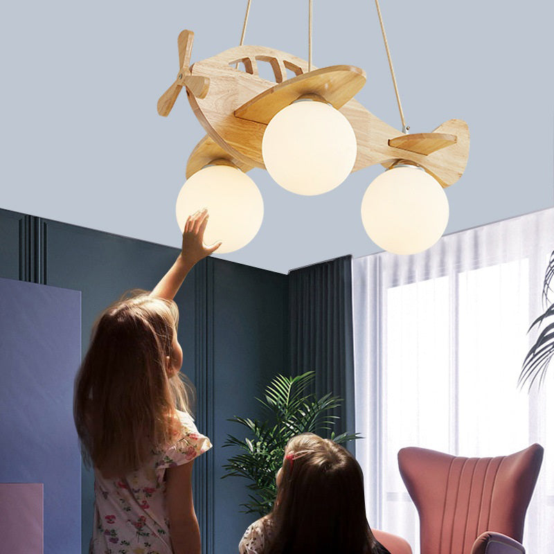 Solid Wood Airplane Shaped Chandelier Light 3-Light White Frosted Glass Ball Shade Lighting Fixture for Children Room