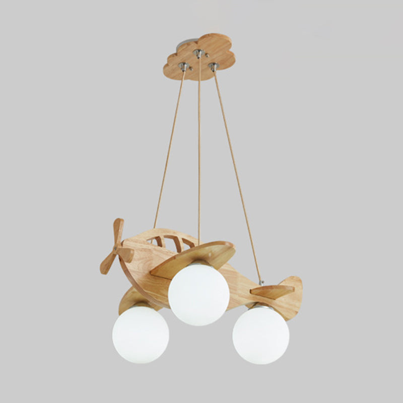 Lampadario a forma di aeroplano in legno massiccio leggero a 3 luci a 3 luci glassata glassata a sfera per l'illuminazione per bambini per bambini