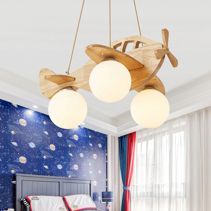 Solid Wood Airplane Shaped Chandelier Light 3-Light White Frosted Glass Ball Shade Lighting Fixture for Children Room