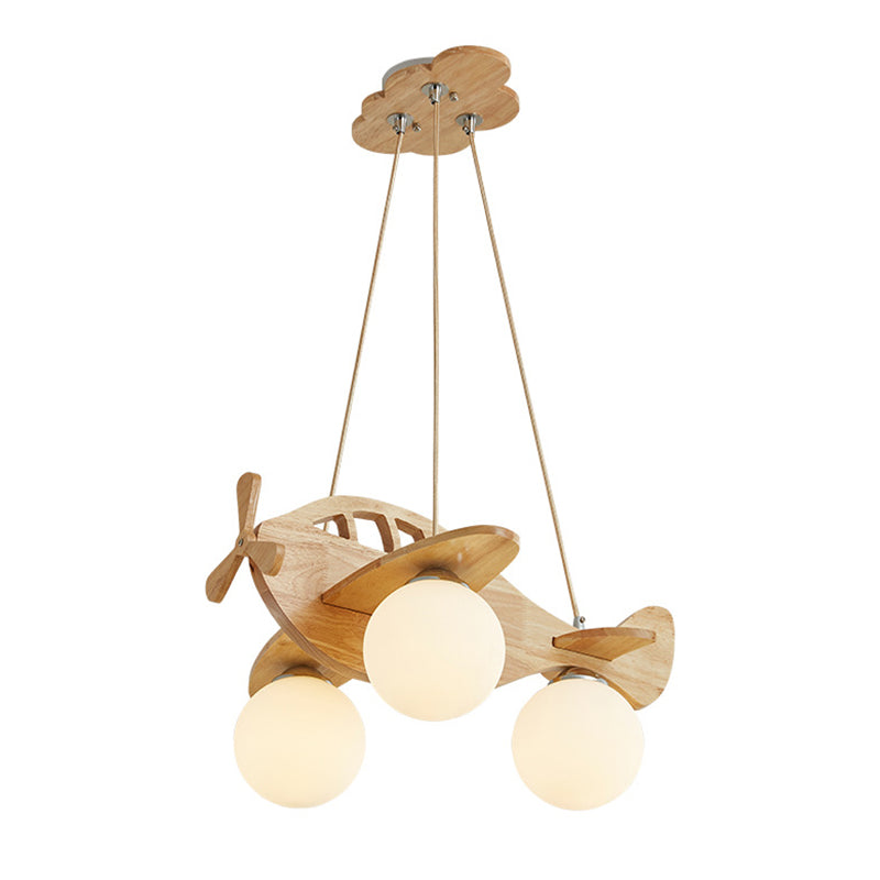 Solid Wood Airplane Shaped Chandelier Light 3-Light White Frosted Glass Ball Shade Lighting Fixture for Children Room