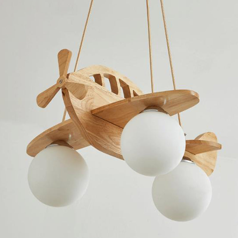 Solid Wood Airplane Shaped Chandelier Light 3-Light White Frosted Glass Ball Shade Lighting Fixture for Children Room