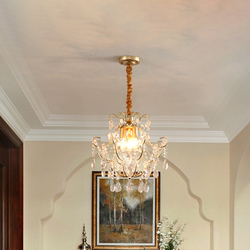 Bent Armed Metal Pendant Chandelier Transitional 3-Light Gold Ceiling Light Fixture with Crystal Draping