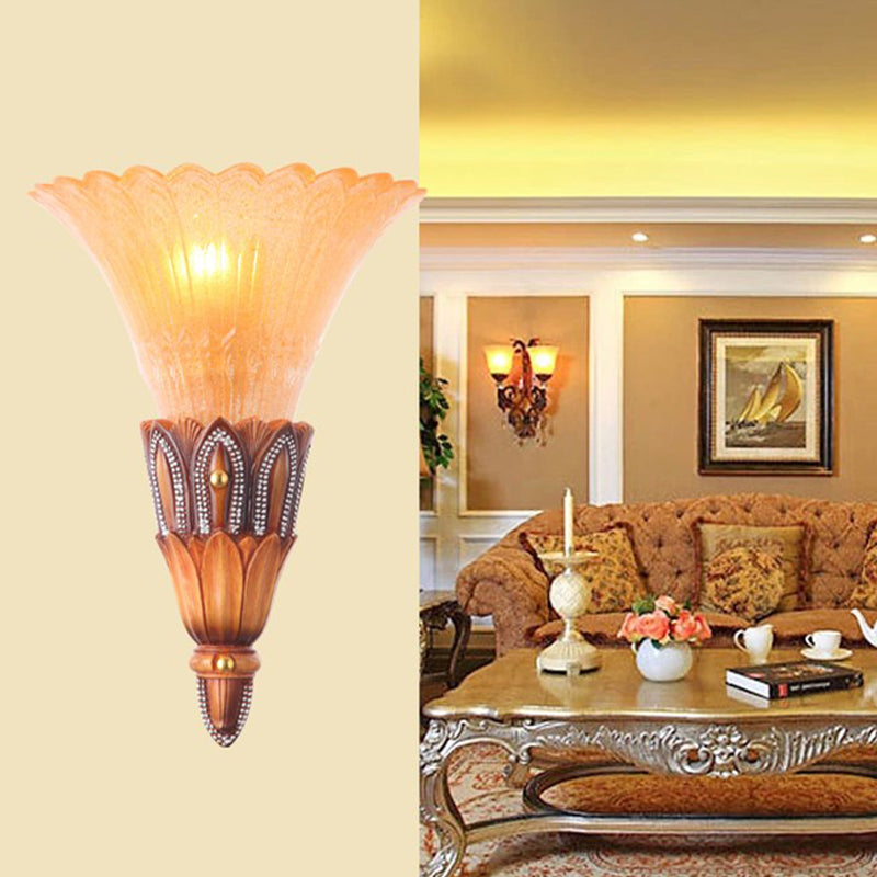 Spazio di fiore di vetro strutturato luce coloniale a testa singola soggiorno a filo a parete a parete in marrone