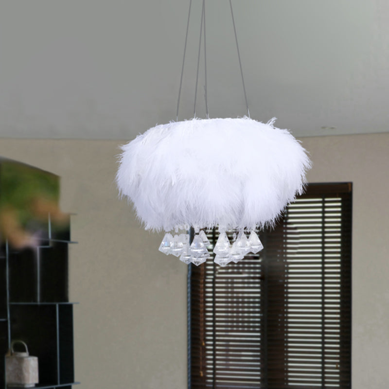 Round Fluff Chandelier Simple 3-Light White Dining Room Hanging Ceiling Light with Crystal Drop
