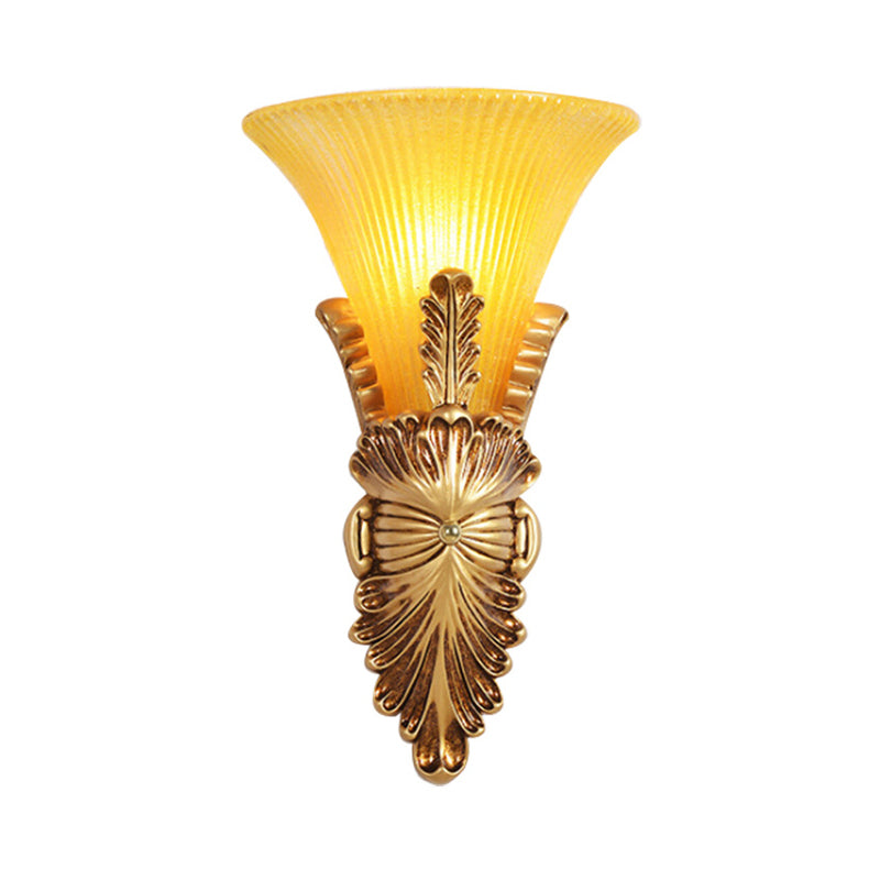 Amber Glass Gold Wall Lighting Flared Single Bulb Colonialism Sconce Light Fixture for Hallway