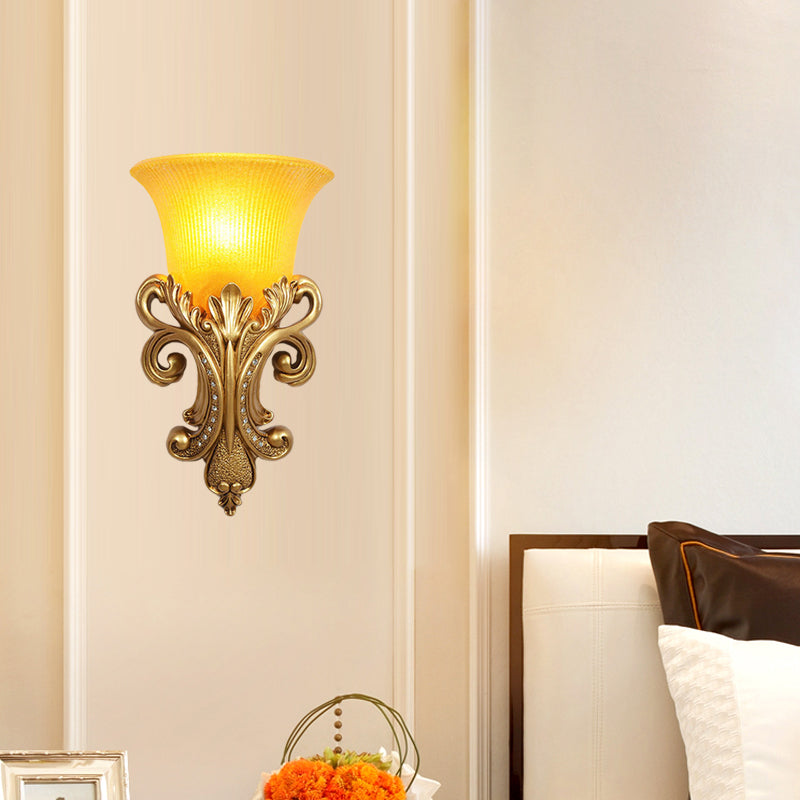 Colonial Bell Flush Mount 1 Head Prismatic Glass Wall Sconce Lighting in Gold for Living Room