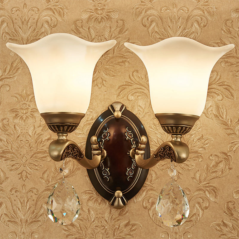 Brass Scalloped Sconce Light Modern Metal 1/2 Lights Indoor Wall Mounted Lamp with Crystal Drop