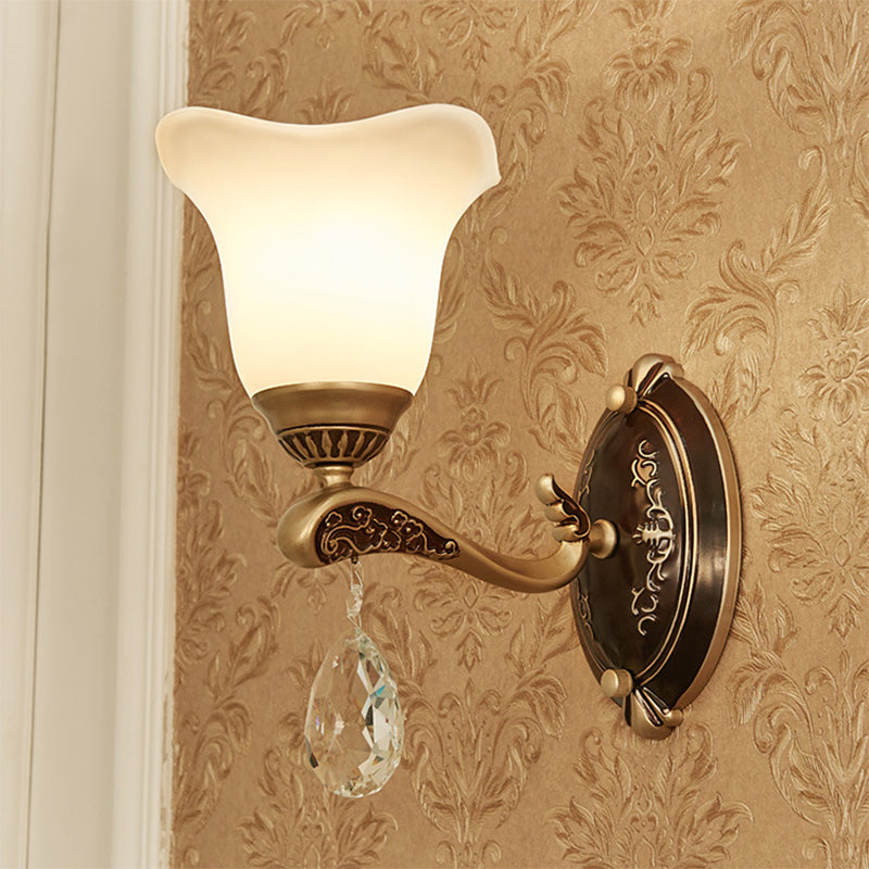 Brass Scalloped Sconce Light Modern Metal 1/2 Lights Indoor Wall Mounted Lamp with Crystal Drop