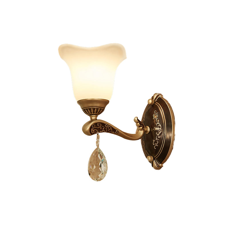 Brass Scalloped Sconce Light Modern Metal 1/2 Lights Indoor Wall Mounted Lamp with Crystal Drop