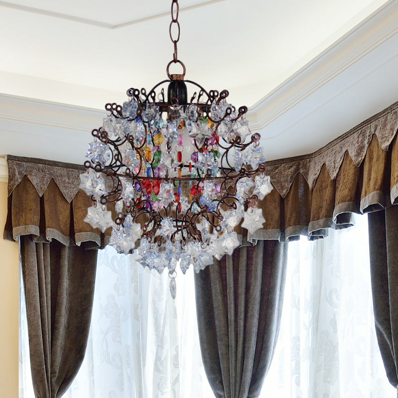 Candelera de colgante de jaula global con decoración de cristal de estrella Vintage 1 Cabeza colgante Luz de techo en cobre envejecido