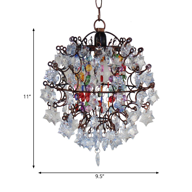 Candelera de colgante de jaula global con decoración de cristal de estrella Vintage 1 Cabeza colgante Luz de techo en cobre envejecido