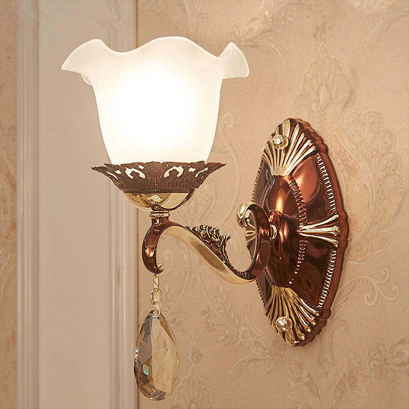 1/2 Lights Scalloped Sconce Modern White Glass Wall Mounted Light Fixture with Crystal Stand