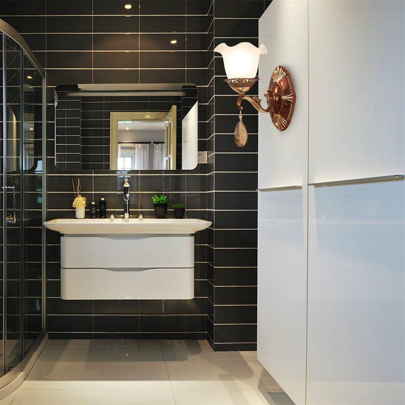 1/2 Lights Scalloped Sconce Modern White Glass Wall Mounted Light Fixture with Crystal Stand