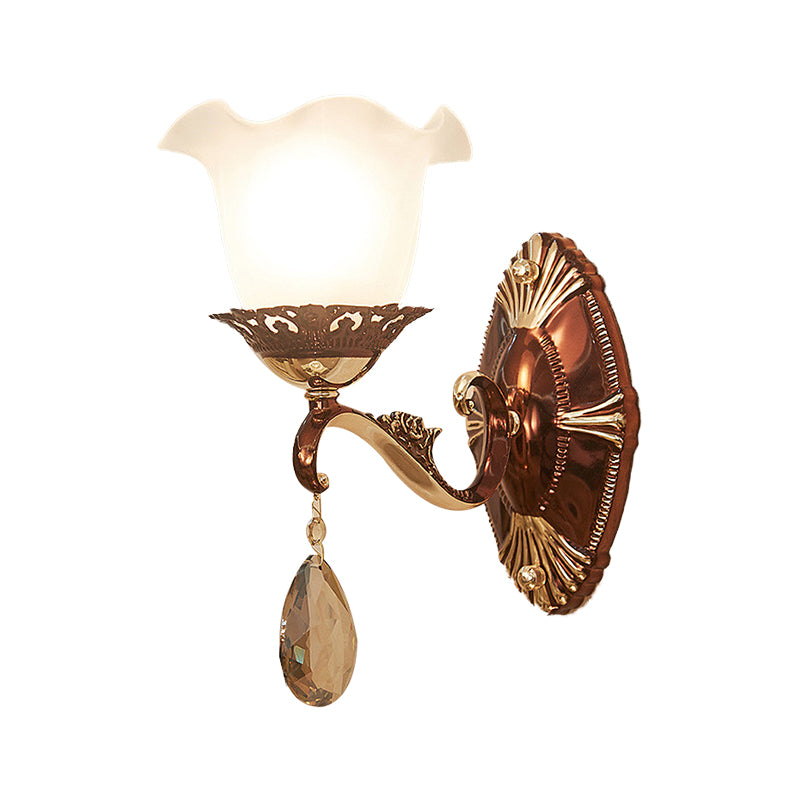 1/2 Lights Scalloped Sconce Modern White Glass Wall Mounted Light Fixture with Crystal Stand