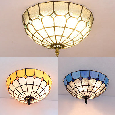 Plafonnier bol en verre teinté Tiffany, 2 lumières, plafonnier en Beige/transparent/bleu pour salle de bain
