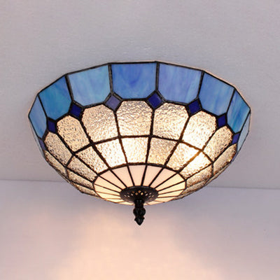 Bowl Ceiling Light Fixture Tiffany Stained Glass 2 Lights Flushmount Light in Beige/Clear/Blue for Bathroom