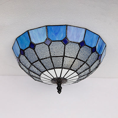 Plafonnier bol en verre teinté Tiffany, 2 lumières, plafonnier en Beige/transparent/bleu pour salle de bain