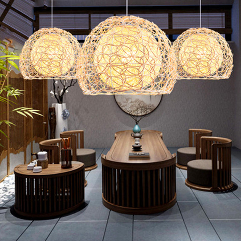 1 Light Half-circle Pendant Asia Rattan Ceiling Pendant Light with Hanging Cord for Bedroom