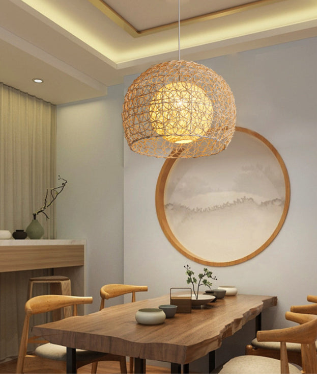1 Light Half-circle Pendant Asia Rattan Ceiling Pendant Light with Hanging Cord for Bedroom