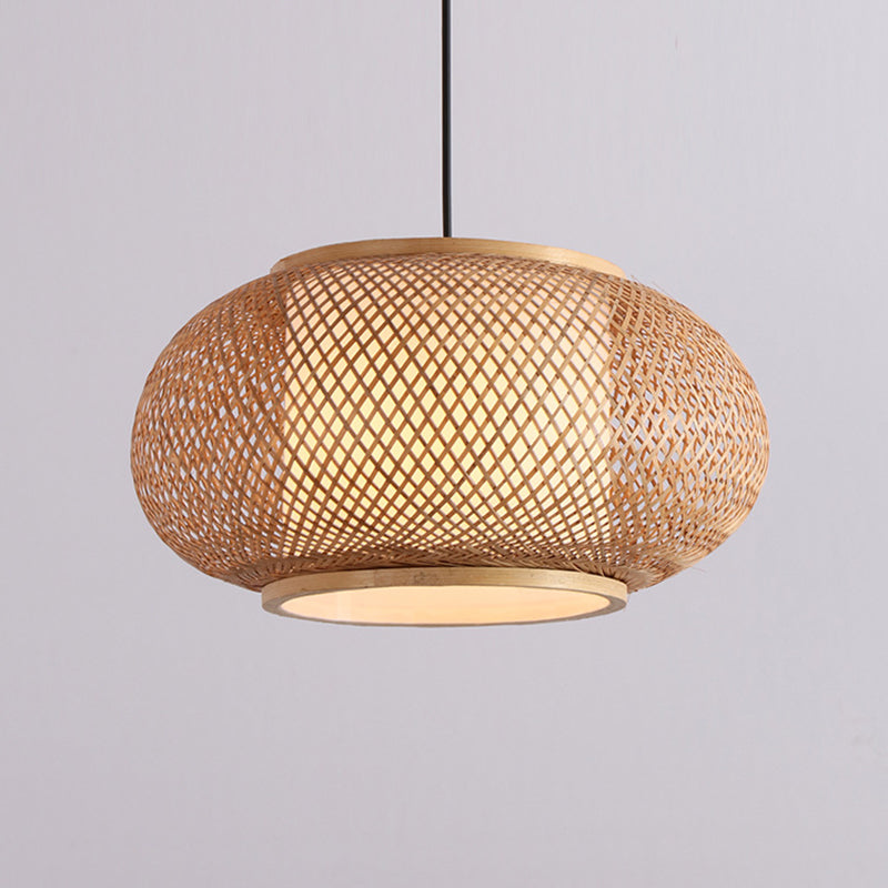 1 Light Rounded Drum Hanging Light Fixture Asia Wicker Ceiling Light with Hanging Cord for Restaurant