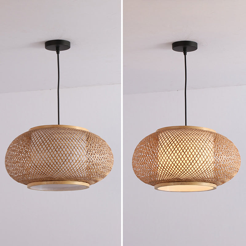1 Light Rounded Drum Hanging Light Fixture Asia Wicker Ceiling Light with Hanging Cord for Restaurant