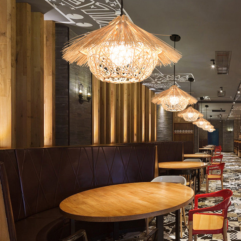 Iluminación Suspendida de Ratán de Granja 1 Bombilla Luz Colgante Asiática para Sala de Té