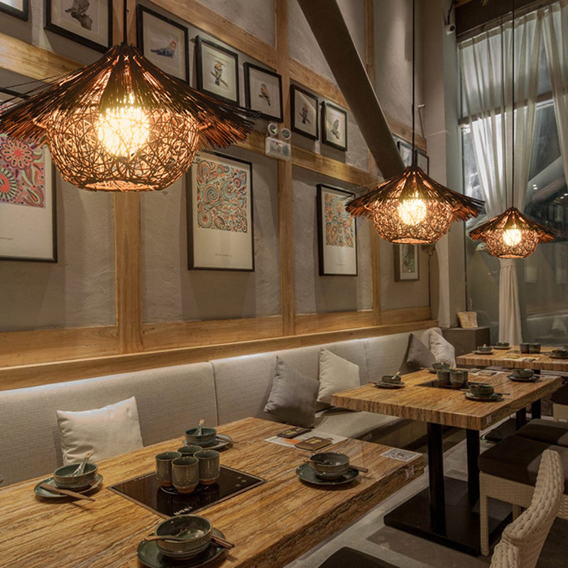 Iluminación Suspendida de Ratán de Granja 1 Bombilla Luz Colgante Asiática para Sala de Té