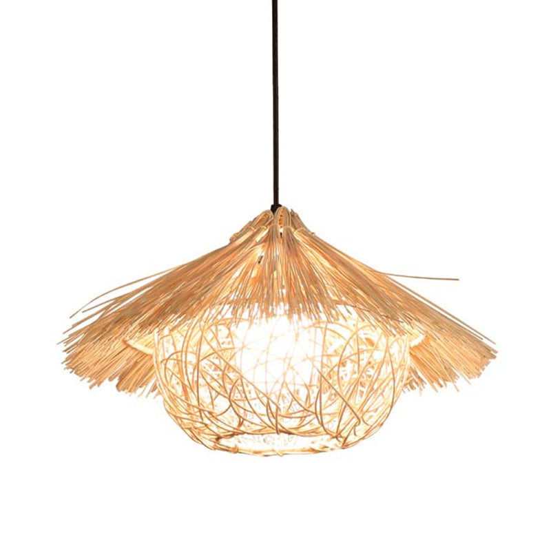 1 Light Farmhouse Shape Hanging Ceiling Light Japanese Fringed Rattan Hanging Light for Restaurant