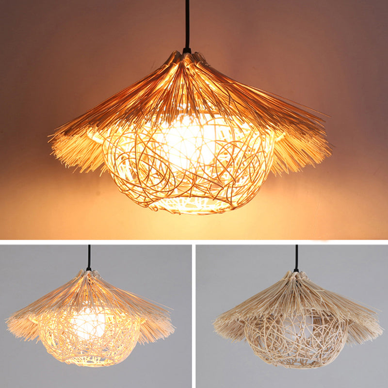 1 Light Farmhouse Shape Hanging Ceiling Light Japanese Fringed Rattan Hanging Light for Restaurant