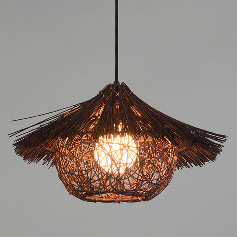 1 Light Farmhouse Shape Hanging Ceiling Light Japanese Fringed Rattan Hanging Light for Restaurant