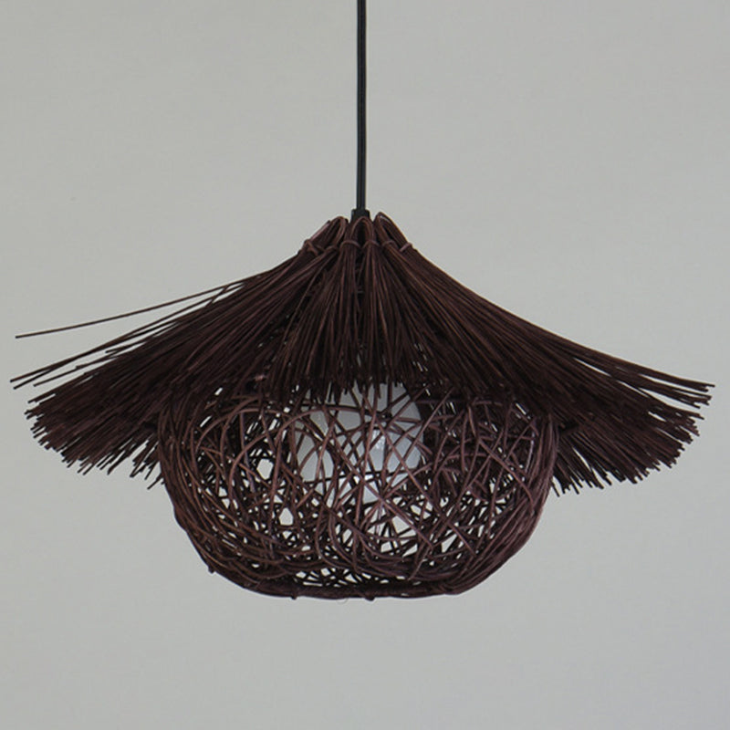 1 Light Farmhouse Shape Hanging Ceiling Light Japanese Fringed Rattan Hanging Light for Restaurant