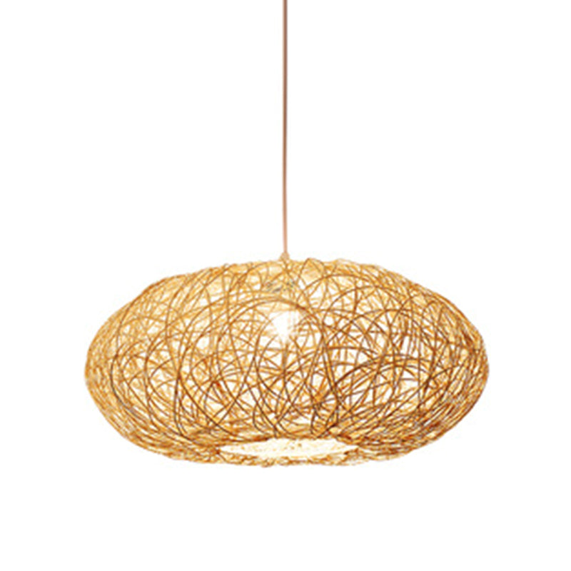1 Light Rounded Drum Hanging Ceiling Lights Chinese Rattan Suspension Pendant Light for Restaurant