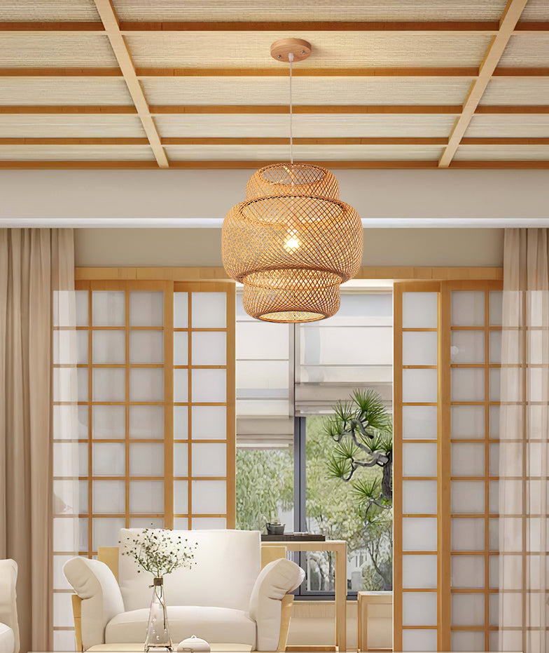 1 Light Tiered Pendant Lighting Japanese Rattan Pendant Lighting Fixtures for Restaurant