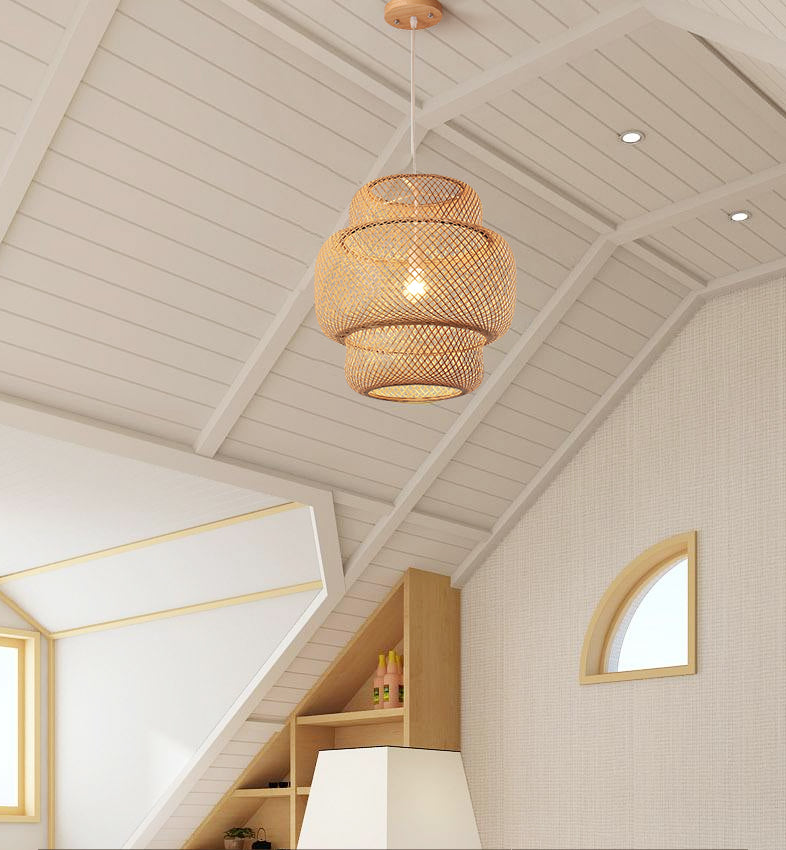 1 Light Tiered Pendant Lighting Japanese Rattan Pendant Lighting Fixtures for Restaurant