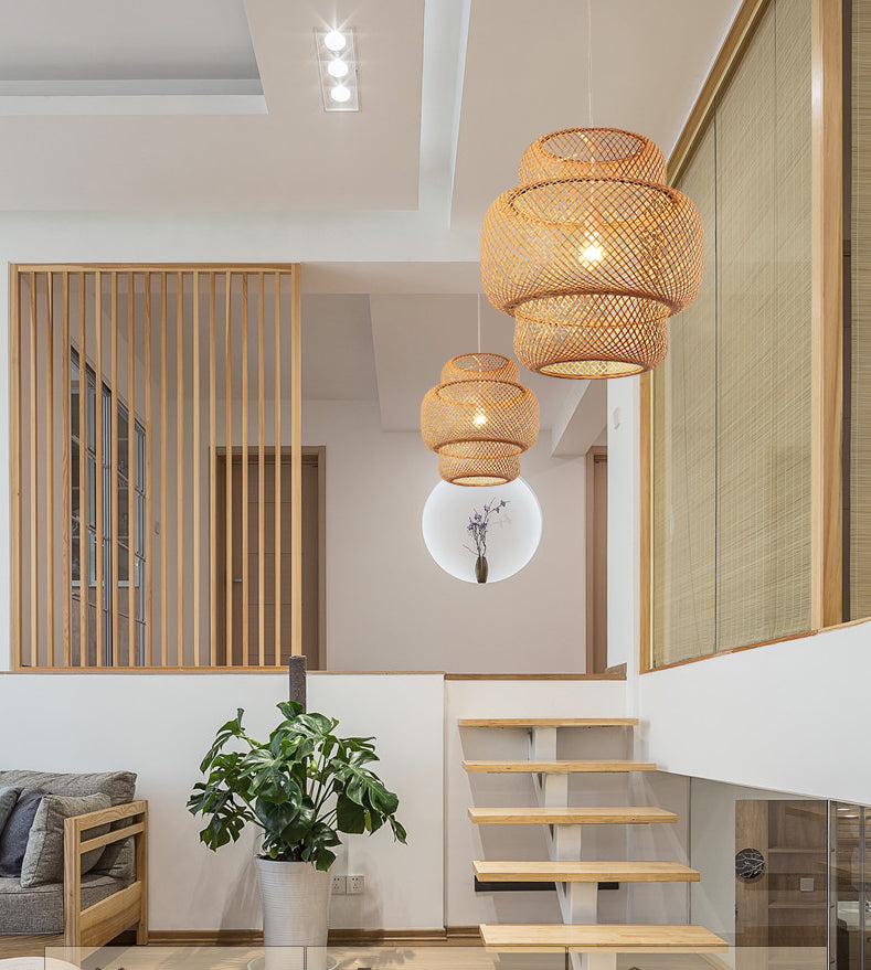 1 Light Tiered Pendant Lighting Japanese Rattan Pendant Lighting Fixtures for Restaurant