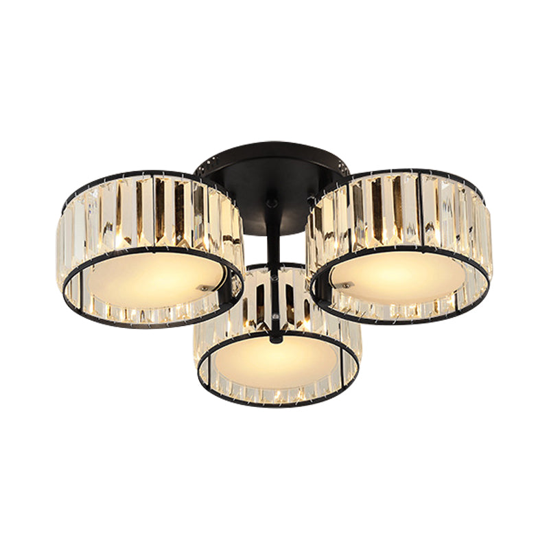 3/5/6 Lights Living Room Ceiling Light Fixture Modern Black Flush Mount with Drum Crystal Shade