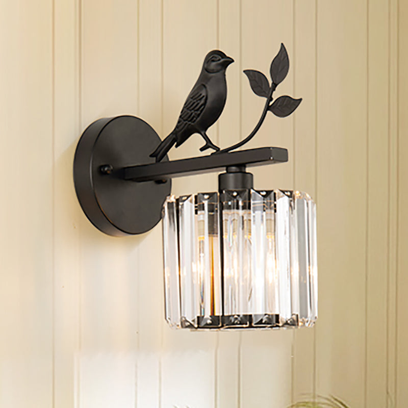 K9 Crystal Cylinder Wall Mounted Lamp Contemporary 1 Bulb Wall Sconce with Bird Accent in Black/Gold