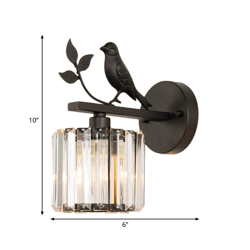 K9 Crystal Cylinder Wall Mounted Lamp Contemporary 1 Bulb Wall Sconce with Bird Accent in Black/Gold